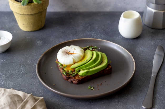 Sandwich with avocado and poached egg. Healthy eating Vegetarian food. Breakfast.