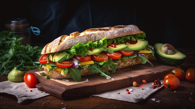 A sandwich with avocado, tomato, and avocado on a wooden cutting board.