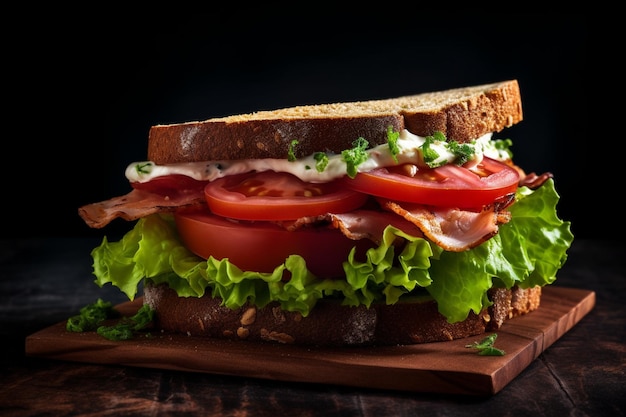 A sandwich with bacon, lettuce, tomato, and lettuce on a wooden board.