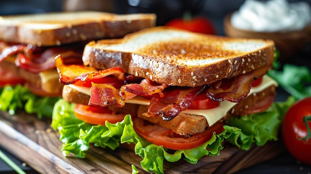 a sandwich with bacon lettuce and tomato on a table