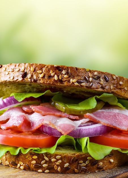 Sandwich with bacon, tomato, cucumber, onion on whole grain wheat toast on a light green nature background.