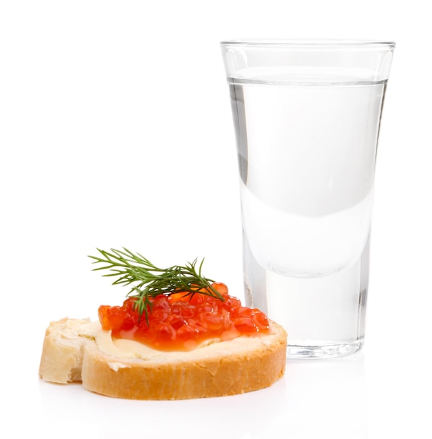 Sandwich with caviar and vodka isolated on white