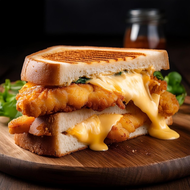 a sandwich with cheese and chicken on it sits on a plate