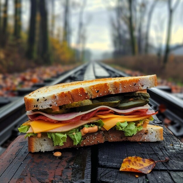 Photo a sandwich with cheese and ham on it sits on a train track