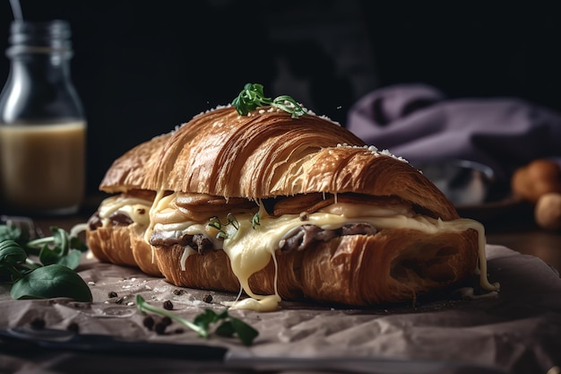 A sandwich with cheese and herbs sits on a table.