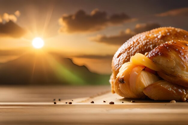 a sandwich with cheese and a sunset in the background