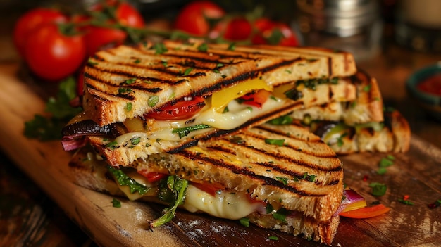 Photo a sandwich with cheese and tomatoes on a cutting board