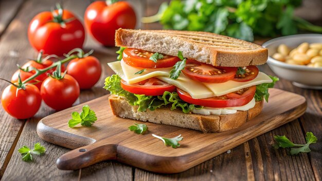 A sandwich with cheese and tomatoes sits on a wooden cutting board