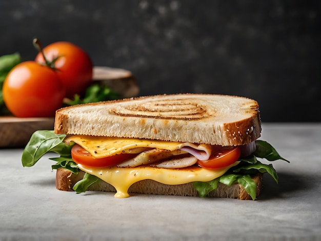 Photo a sandwich with cheese and tomatoes on a table