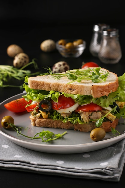 Sandwich with chicken, cherry tomatoes, quail eggs and microgreens