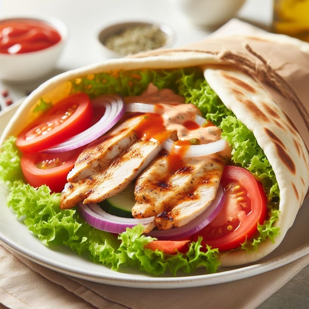 Photo a sandwich with chicken and lettuce and tomatoes on a plate