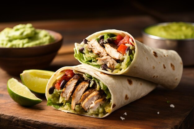 Photo a sandwich with chicken and vegetables on a wooden table