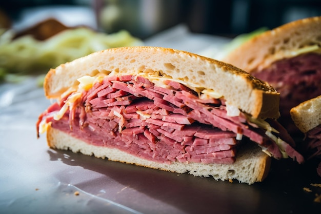 A sandwich with corned beef Swiss cheese and spicy mustard