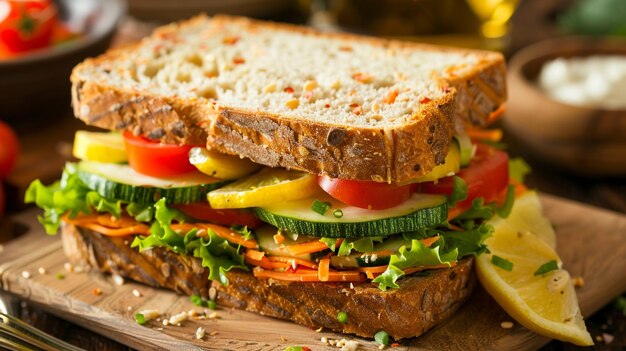 a sandwich with cucumber tomatoes and cucumber on a cutting board