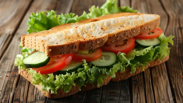 a sandwich with cucumber tomatoes and cucumber on a wooden table