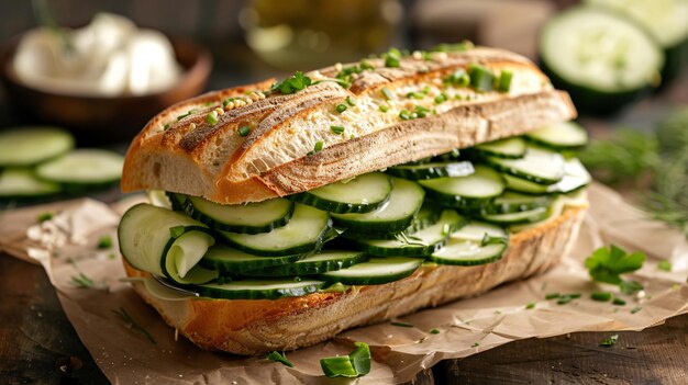 Photo a sandwich with cucumbers and cucumber slices on it