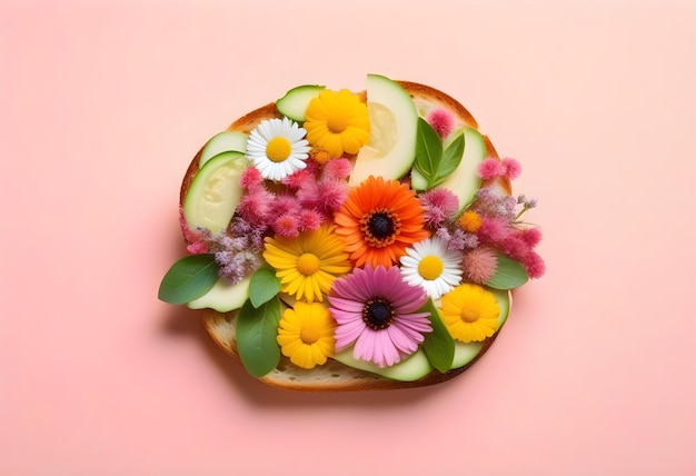 A sandwich with edible flowers on a pastel pink background