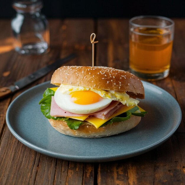 a sandwich with an egg on it sits on a plate next to a glass of beer