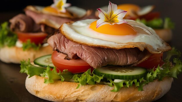 a sandwich with an egg on it and a slice of tomato on the top