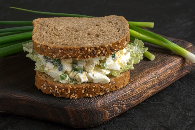 Sandwich with egg salad on wholegrain bread. close up