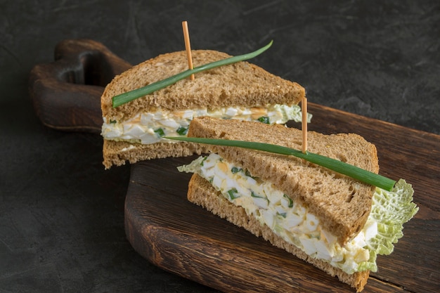 Sandwich with egg salad on wholegrain bread. close up