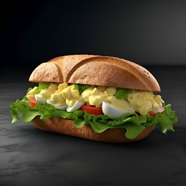 Sandwich with egg and vegetables on black background 3d illustration