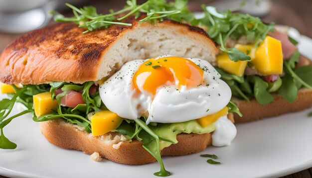 a sandwich with eggs and eggs on it sits on a plate