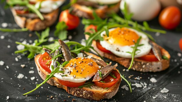 Photo a sandwich with eggs and tomatoes on a table