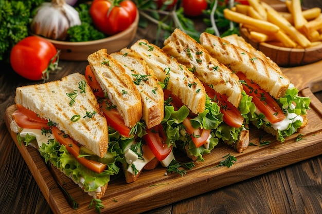 Photo sandwich with french fries top view on wooden tray