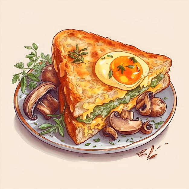 Sandwich with fried egg mushrooms and herbs Vector illustration