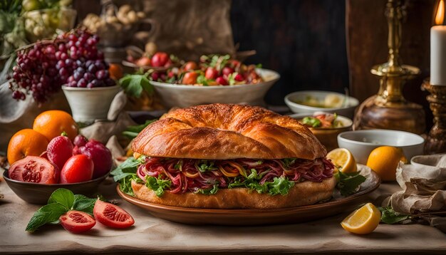 a sandwich with fruit and vegetables on a table with a bottle of wine