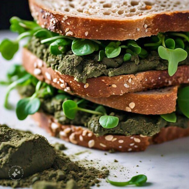 Photo a sandwich with green stuff on it and a piece of bread with a green substance on it