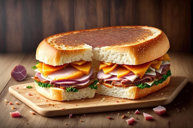 A sandwich with ham and cheese on it