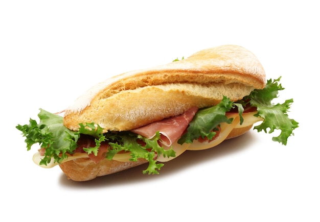 Sandwich with ham and cheese on white background