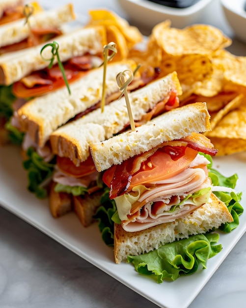 Photo a sandwich with ham and cheese on a white plate