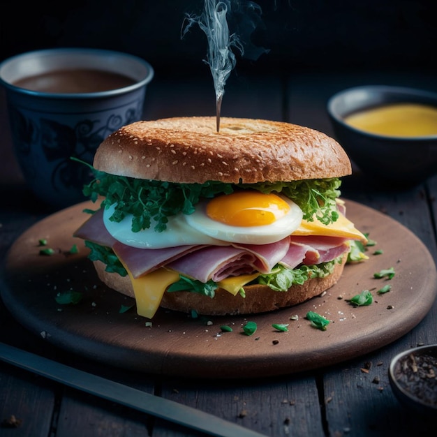 a sandwich with ham and cheese on a wooden board