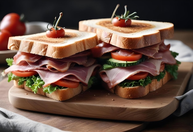 a sandwich with ham and lettuce on a cutting board