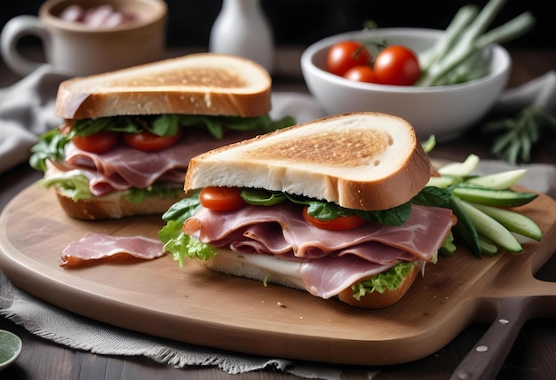 a sandwich with ham and lettuce on a cutting board