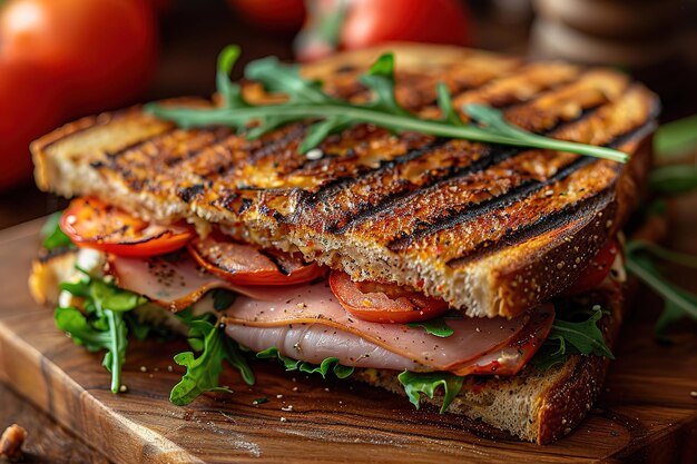 Photo a sandwich with ham lettuce and tomatoes on a wooden cutting board