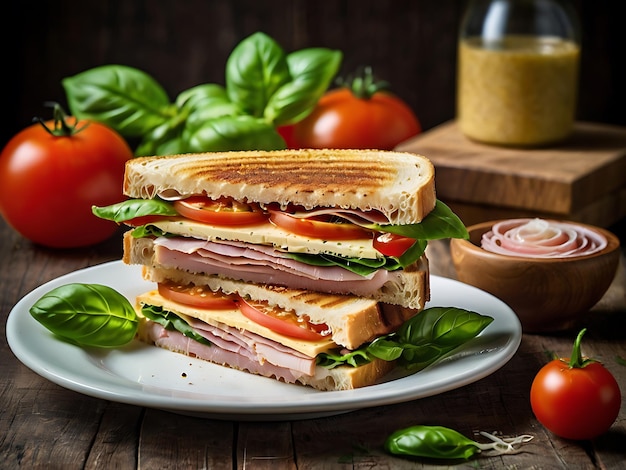 a sandwich with ham and tomatoes on a plate with a glass of olive oil