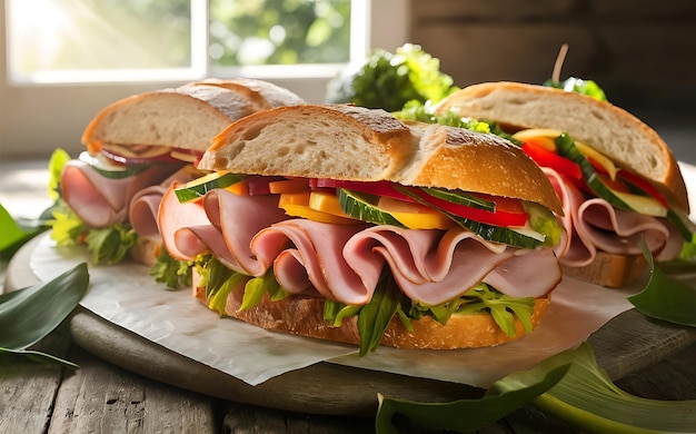 Photo sandwich with ham and vegetables organic products on a wooden table