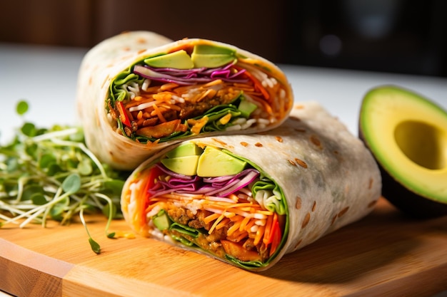 Photo a sandwich with lettuce and avocado on a cutting board