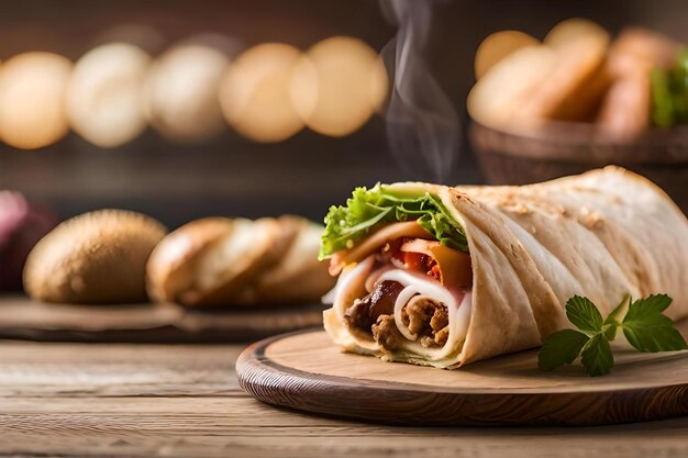 A sandwich with lettuce and meat on a wooden cutting board.