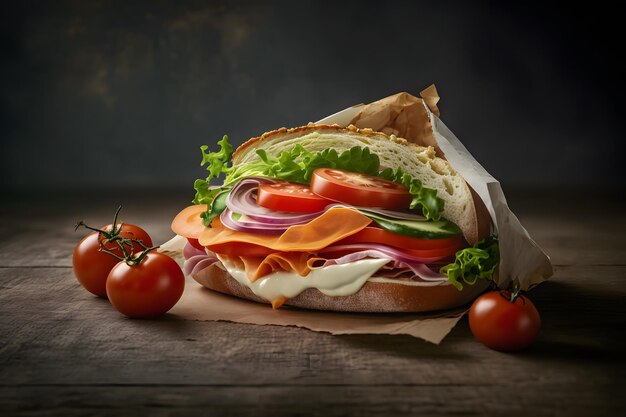 Photo a sandwich with lettuce, tomato, and cheese on it