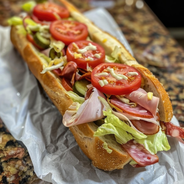 Photo a sandwich with lettuce tomato and lettuce on it