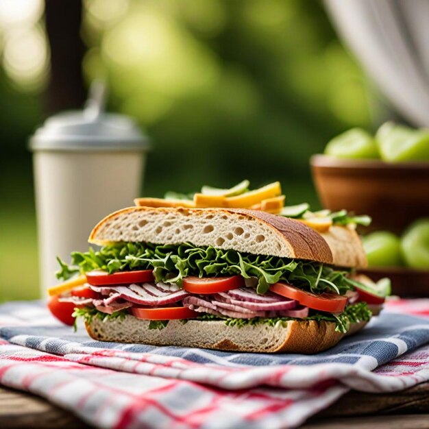 Photo a sandwich with lettuce tomatoes and lettuce on a table