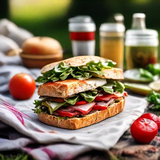 Photo a sandwich with lettuce and tomatoes on a table