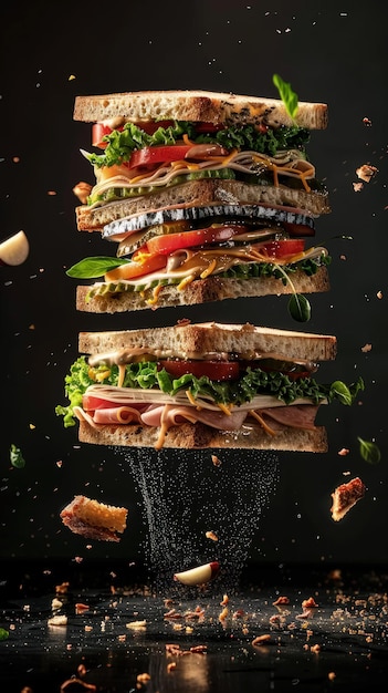 a sandwich with a lot of ingredients falling out of it