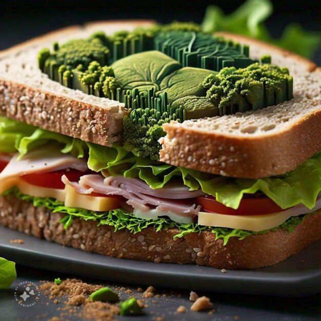 Photo a sandwich with a lot of ingredients including ham cheese and avocado