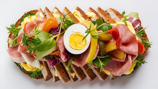 a sandwich with many different foods including ham cheese and eggs